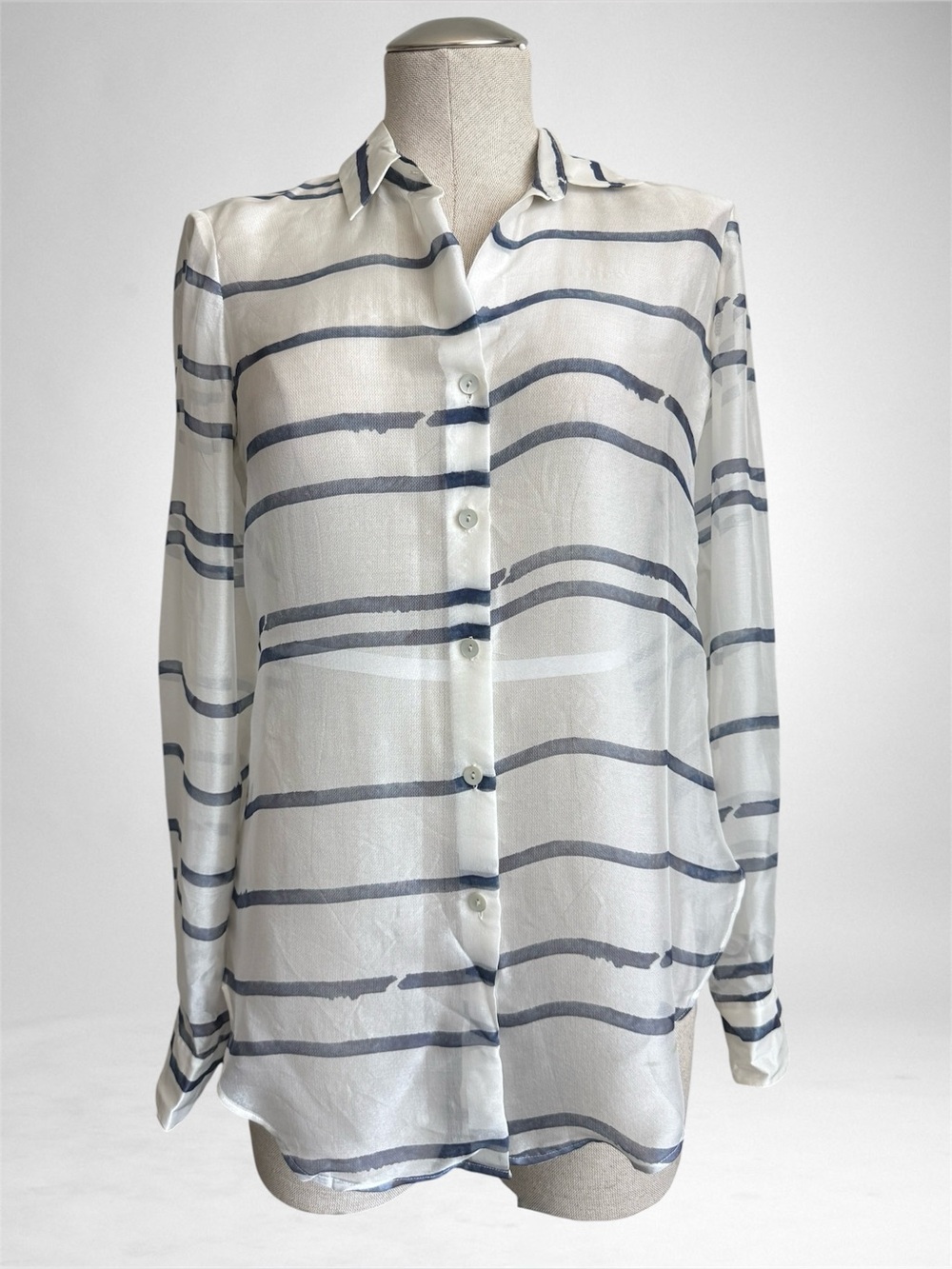 Theory 100% Silk Stripe Button-Down Blouse – Size S